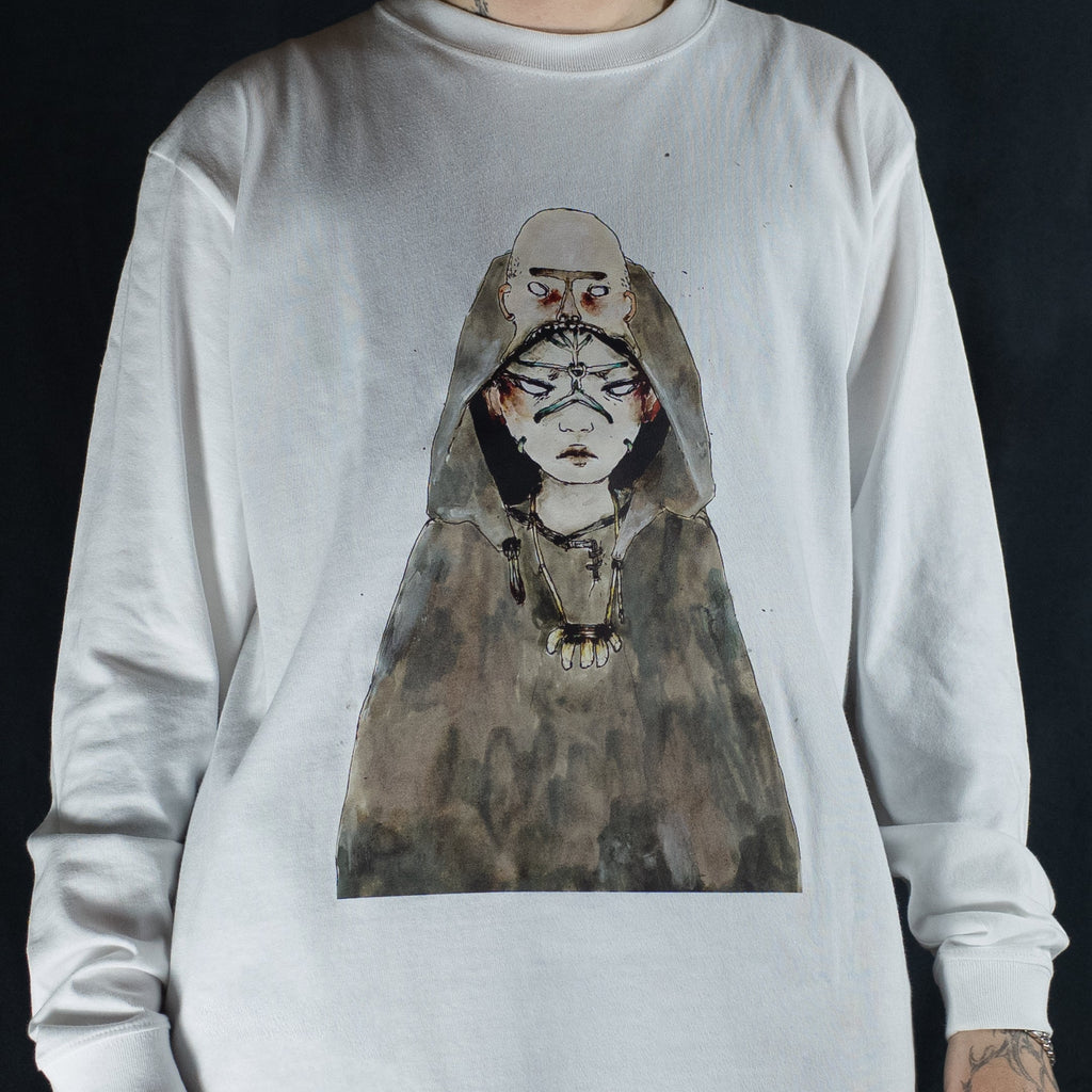 A white crewneck sweatshirt featuring a large graphic print of a hooded figure with a second face layered above the main figure's head, set against a dark background.