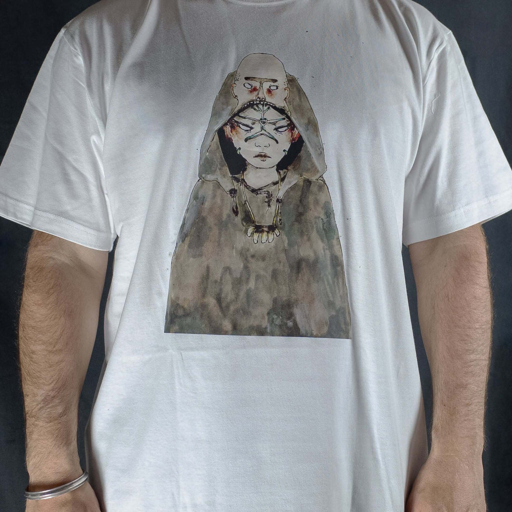 White t-shirt with a graphic design of a hooded figure on a dark background